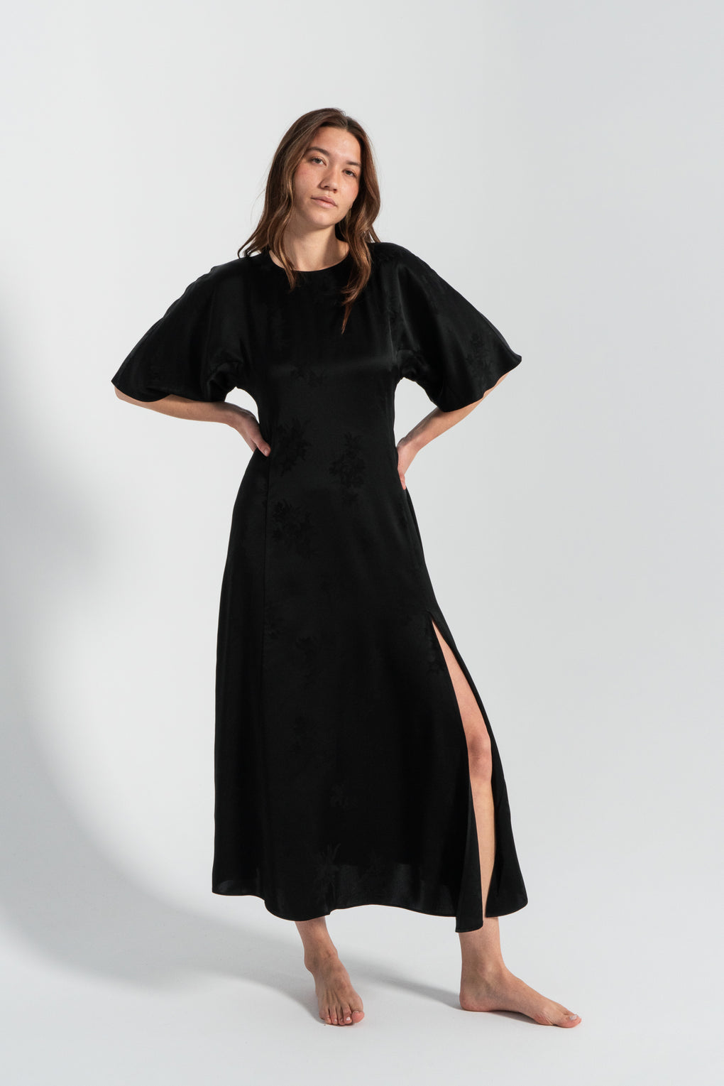 Fluid Satin Jacquard Slit Long Dress
