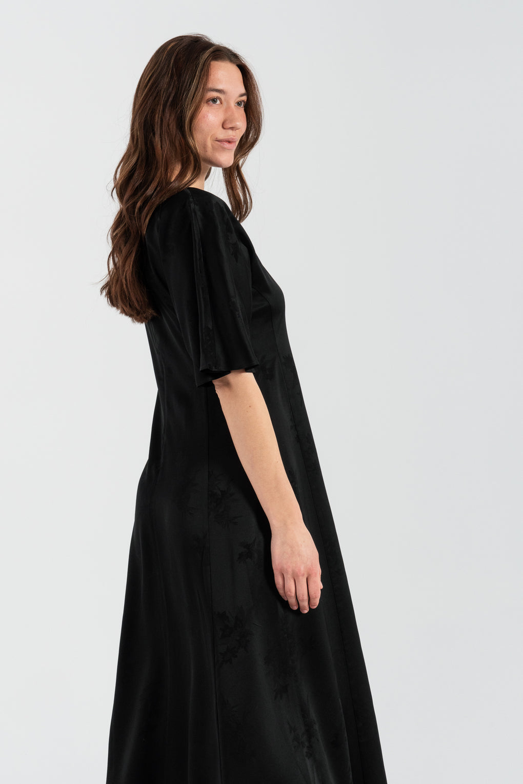 Fluid Satin Jacquard Slit Long Dress
