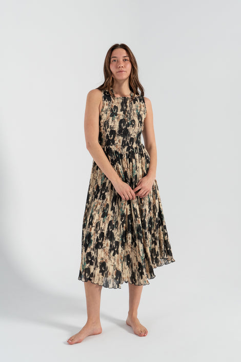 Printed Pleats Smock Midi Straps Dress