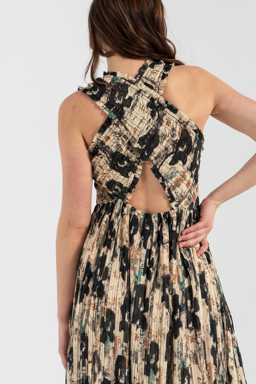 Printed Pleats Smock Midi Straps Dress