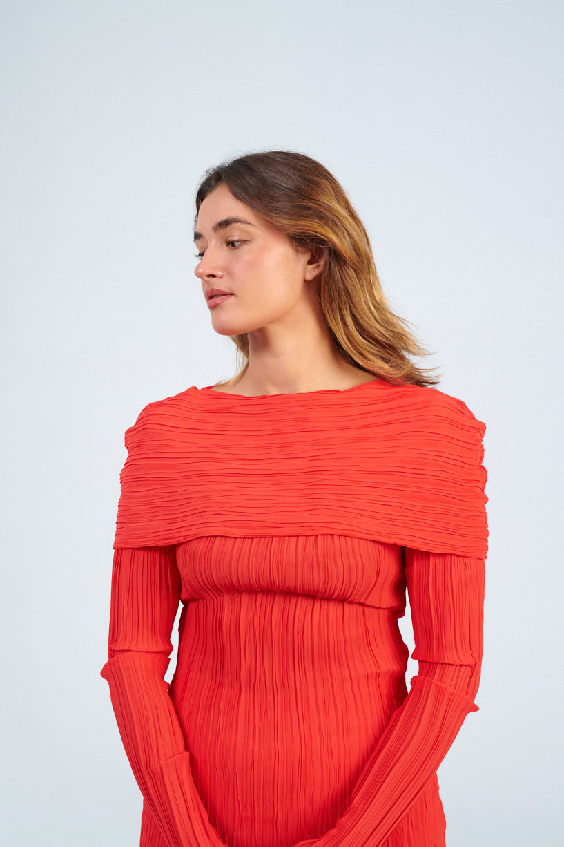 Nomia Shoulder Overlay Dress-Nomia red dress-off the shoulder red dress-Idun-St. Paul