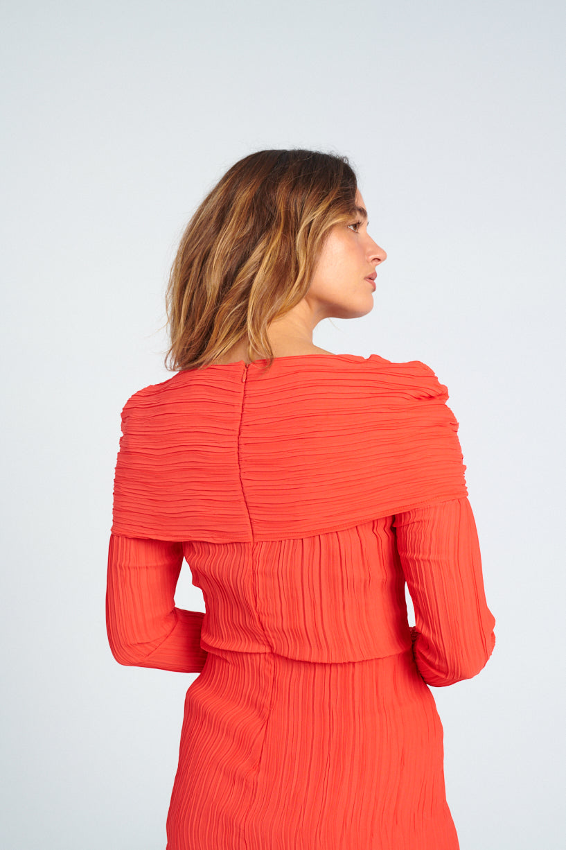 Nomia Shoulder Overlay Dress-Nomia red dress-off the shoulder red dress-Idun-St. Paul