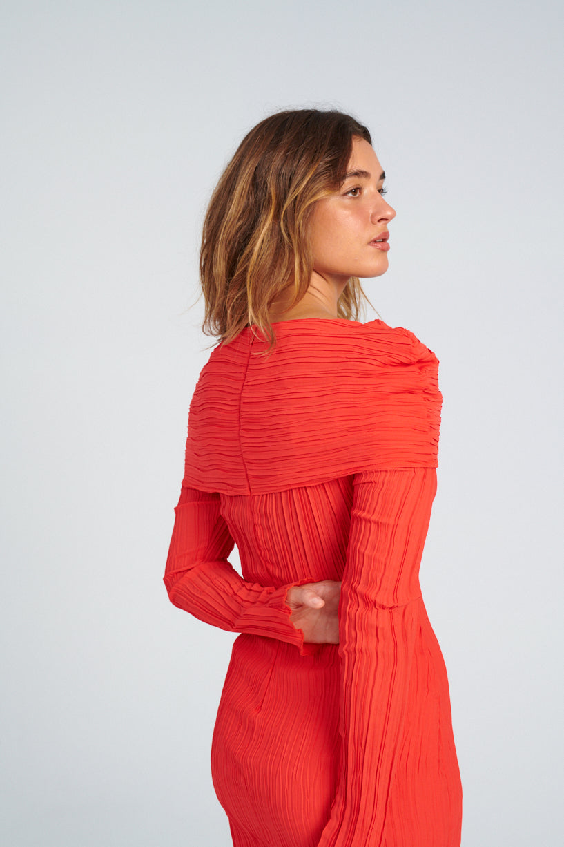 Nomia Shoulder Overlay Dress-Nomia red dress-off the shoulder red dress-Idun-St. Paul