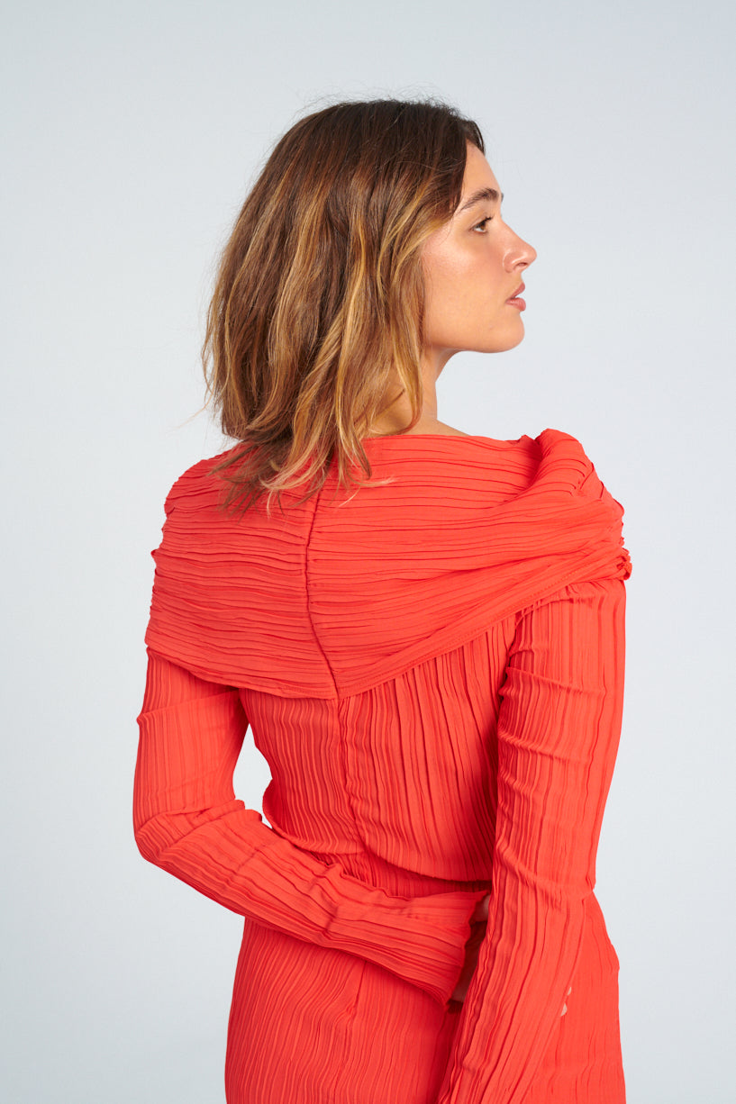 Nomia Shoulder Overlay Dress-Nomia red dress-off the shoulder red dress-Idun-St. Paul