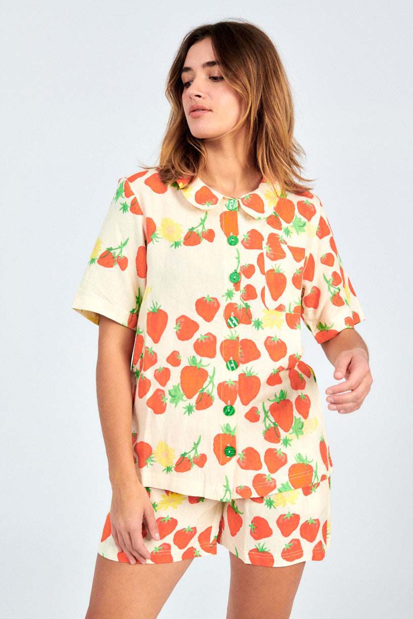 Helmstedt Strawberry Shirt-Helmstedt strawberry button up shirt-short sleeve strawberry shirt-Idun-St. Paul