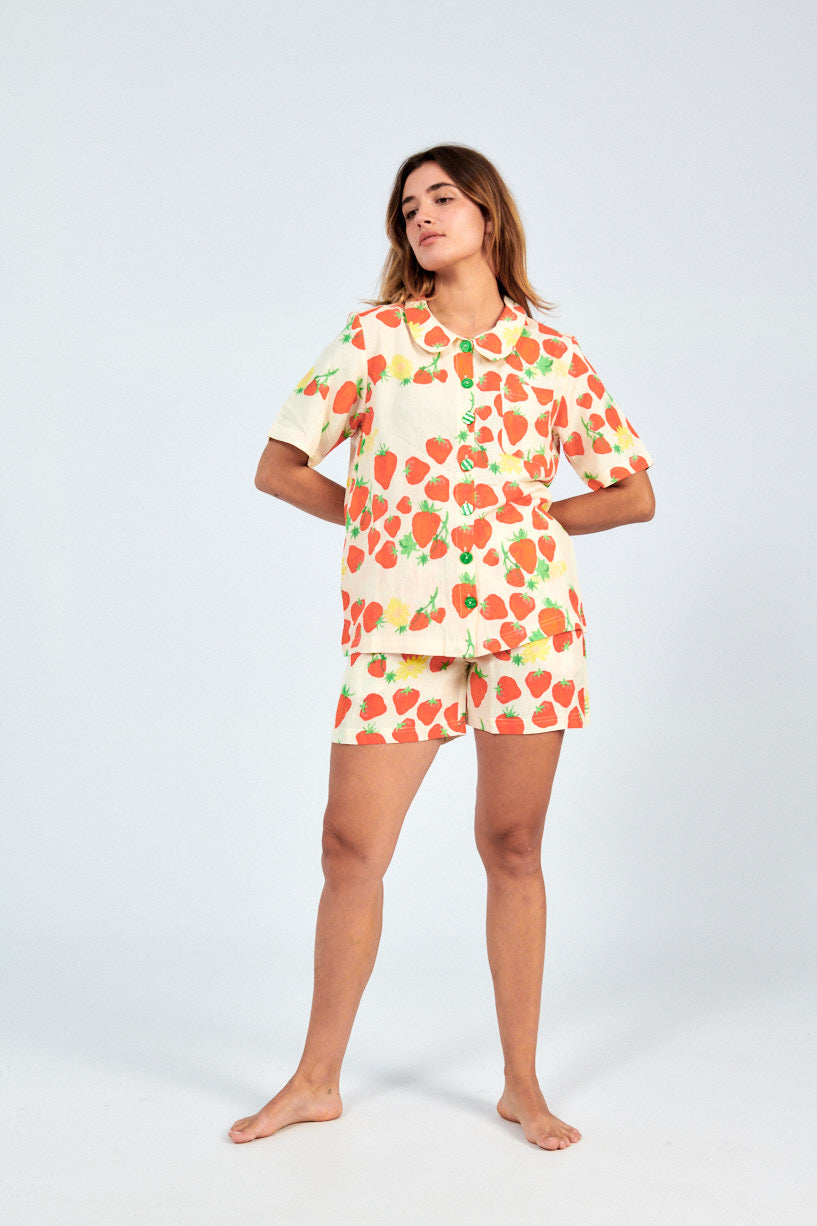 Helmstedt Strawberry Shirt-Helmstedt strawberry button up shirt-short sleeve strawberry shirt-Idun-St. Paul