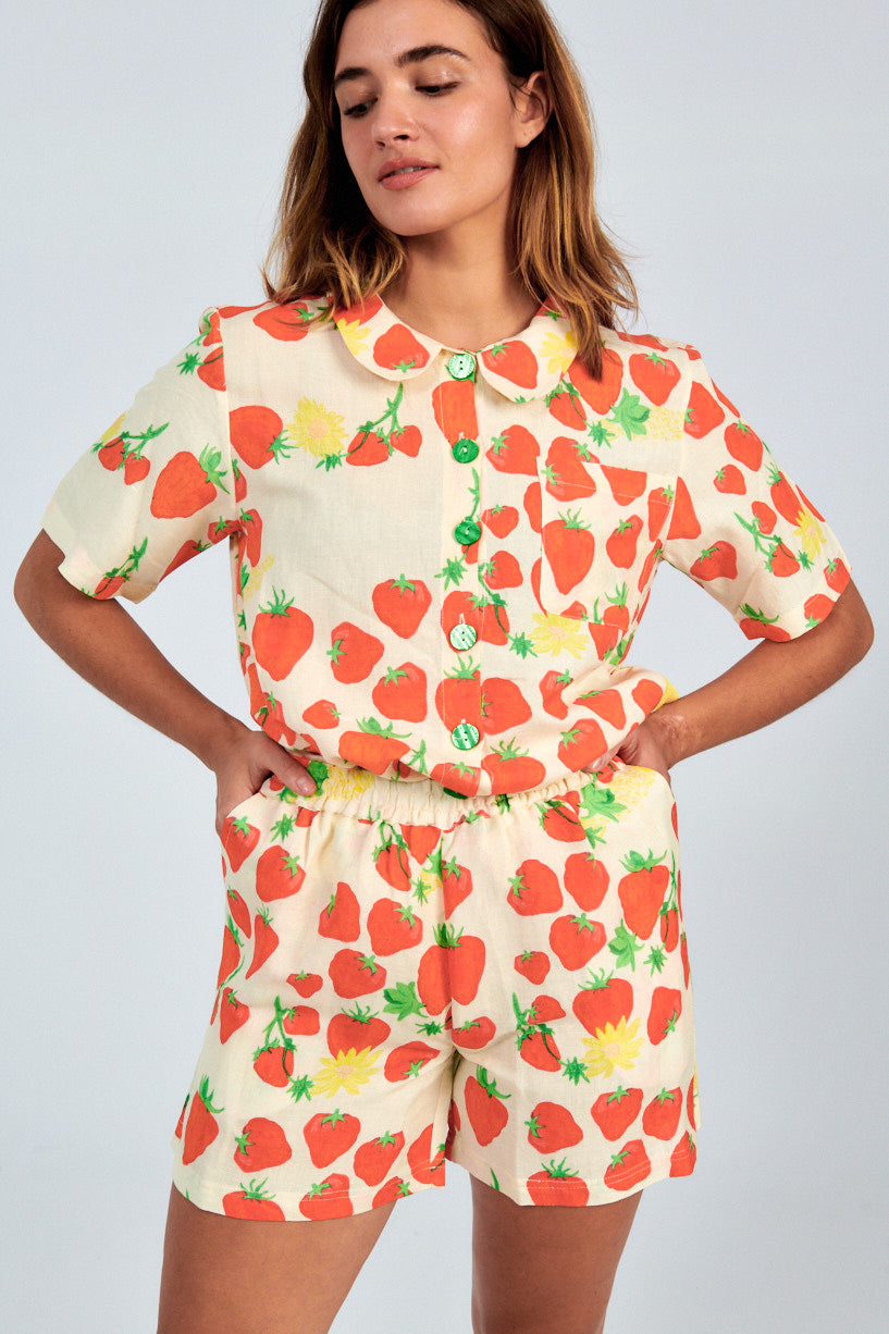 Helmstedt Strawberry Shirt-Helmstedt strawberry button up shirt-short sleeve strawberry shirt-Idun-St. Paul