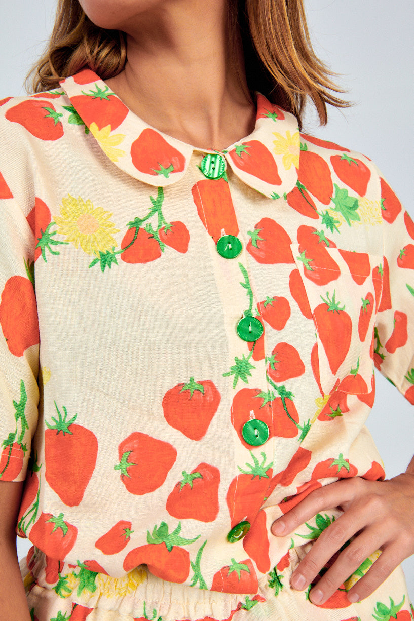 Helmstedt Strawberry Shirt-Helmstedt strawberry button up shirt-short sleeve strawberry shirt-Idun-St. Paul